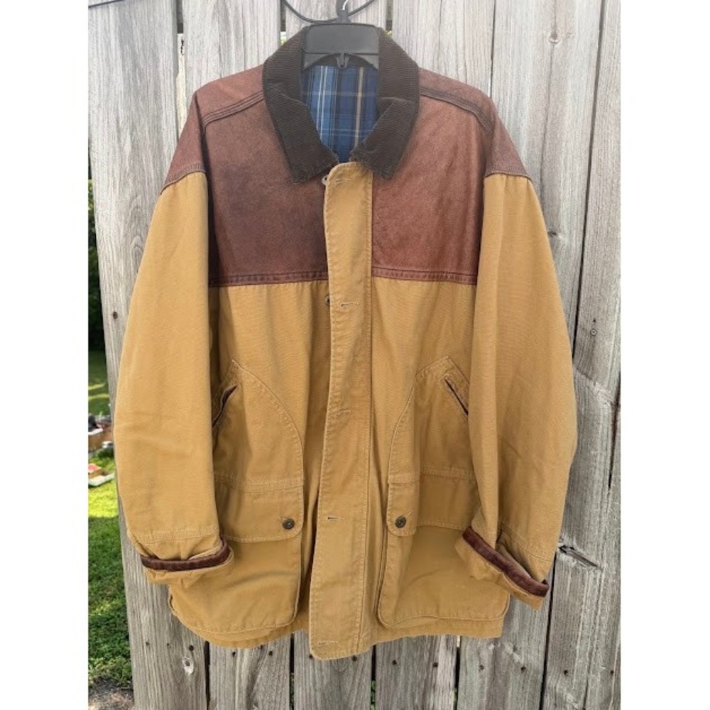 Vintage Tommy Hilfiger Canvas Barn Chore Jacket Tan Leather Yoke Corduroy Plaid - Picture 16 of 16